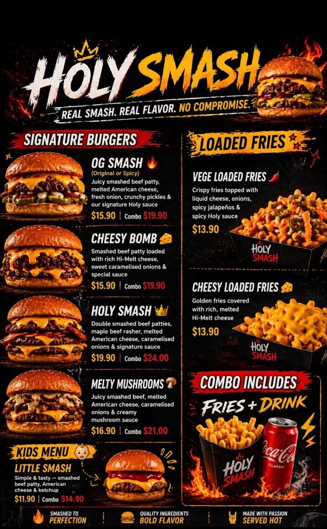 Holy Smash original burger menu artwork